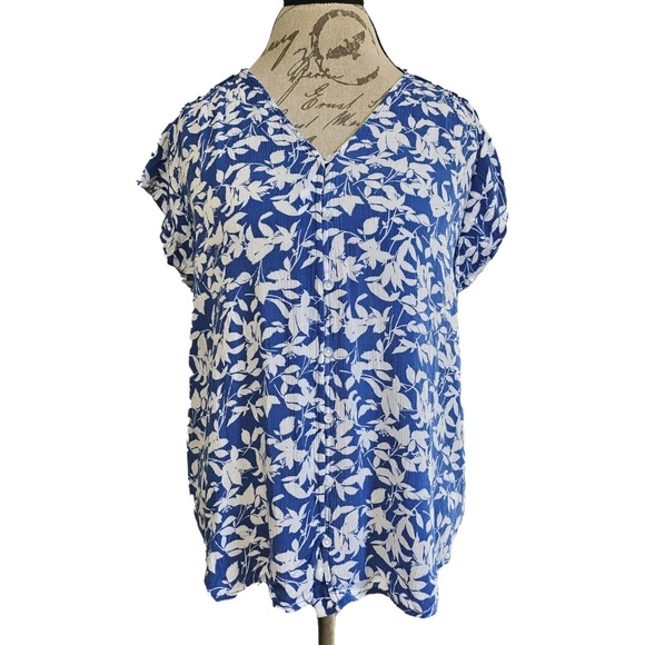Liz Claiborne Tops - Liz Claiborne Blue Floral Button Front Cap Sleeve Shirt Size XXL Beach Resort